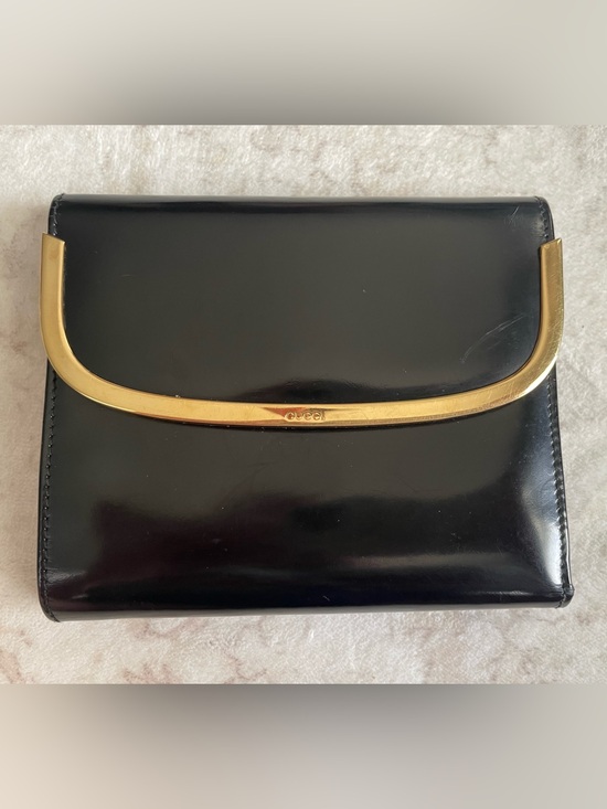 Gucci Handbags - Gucci Black Patent Leather Trifold Wallet with Gold Bar Detail